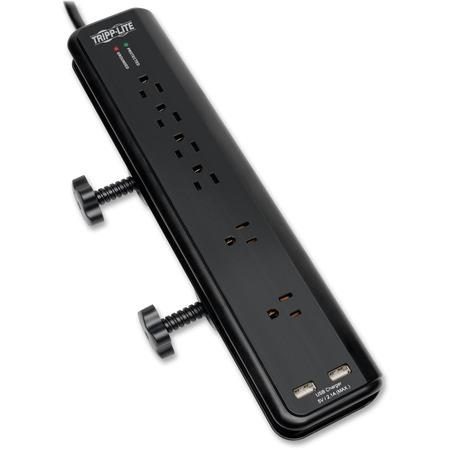 Tripp Lite by Eaton Protect It! 6-Outlet Clamp-Mount Surge Protector, 6 ft. (1.83 m) Cord, 2100 Joules, 2 x USB Charging ports (2.1A total) TRPTLP606DMUSB