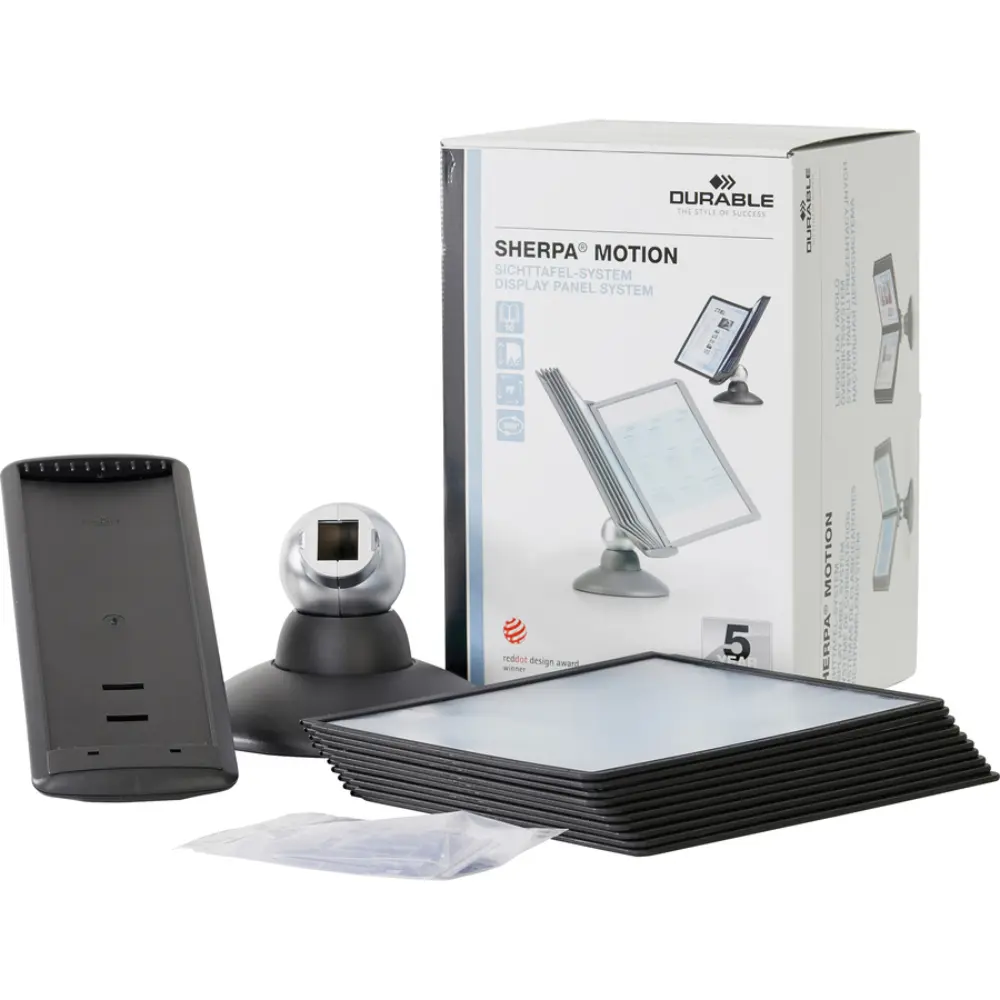 Open double-sided multi-panel display with pages and stand