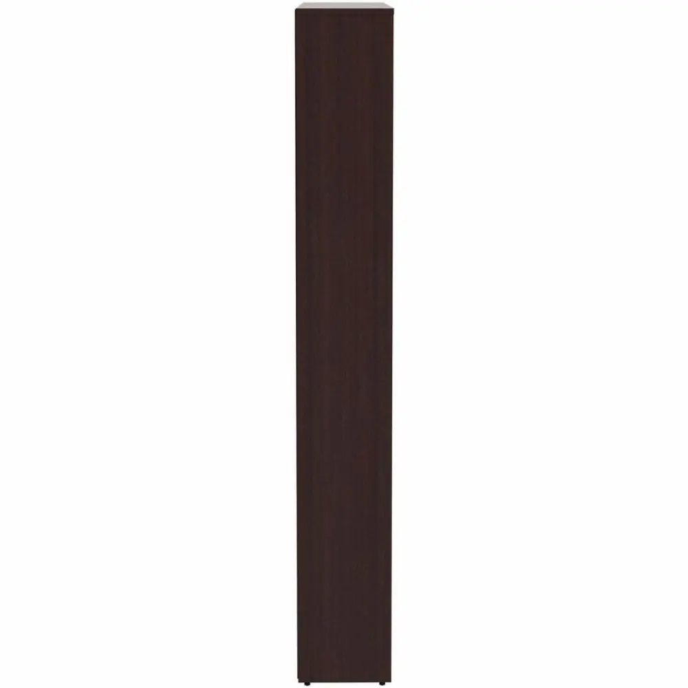 Tall dark wood bookshelf with five or six shelves, empty interior, front view.