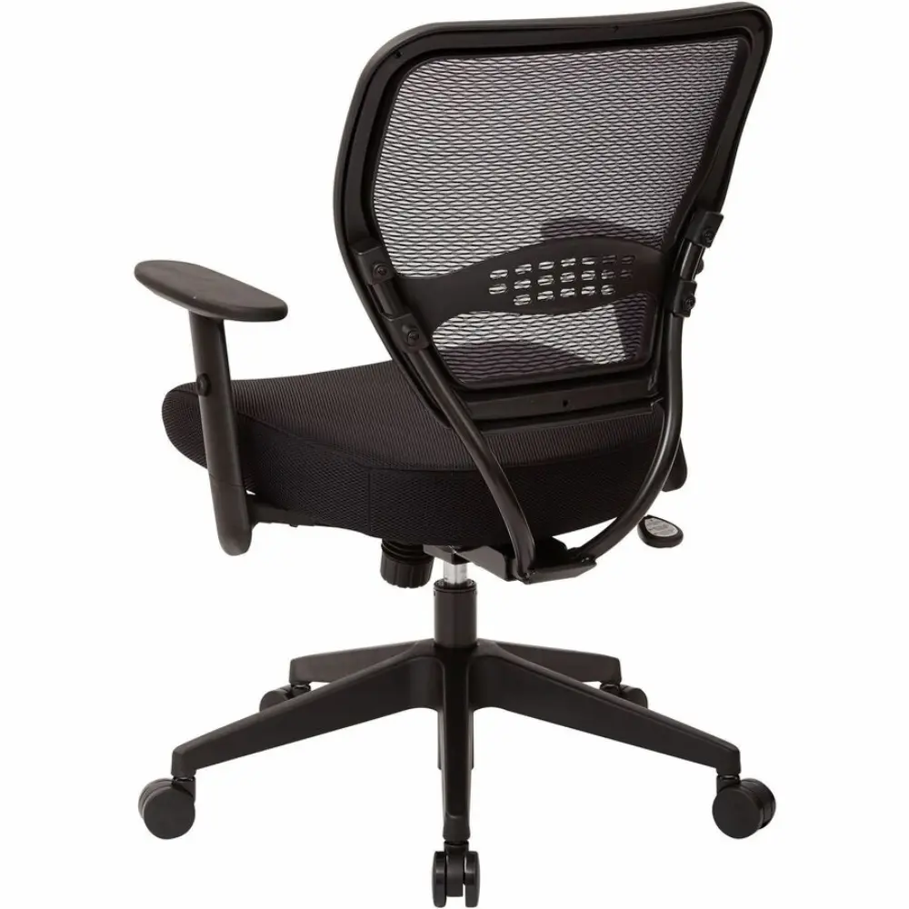 Front-right view of black mesh office chair with armrests and five-star base on casters
