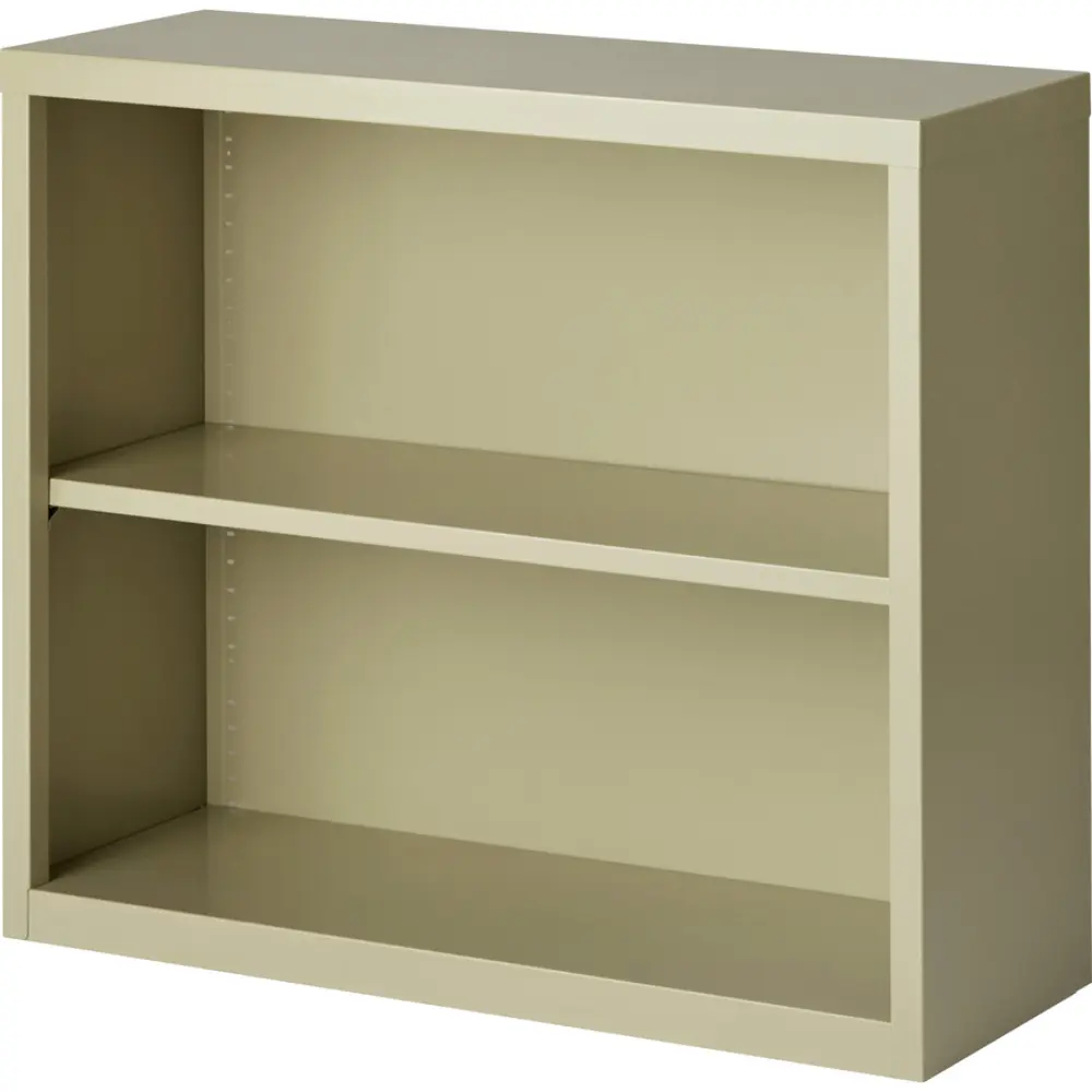Beige cabinet with two shelves and a sturdy frame
