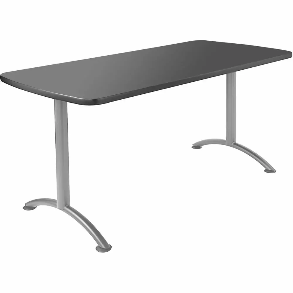 Isometric view of a dark grey rectangular table with rounded ends and two curved legs.