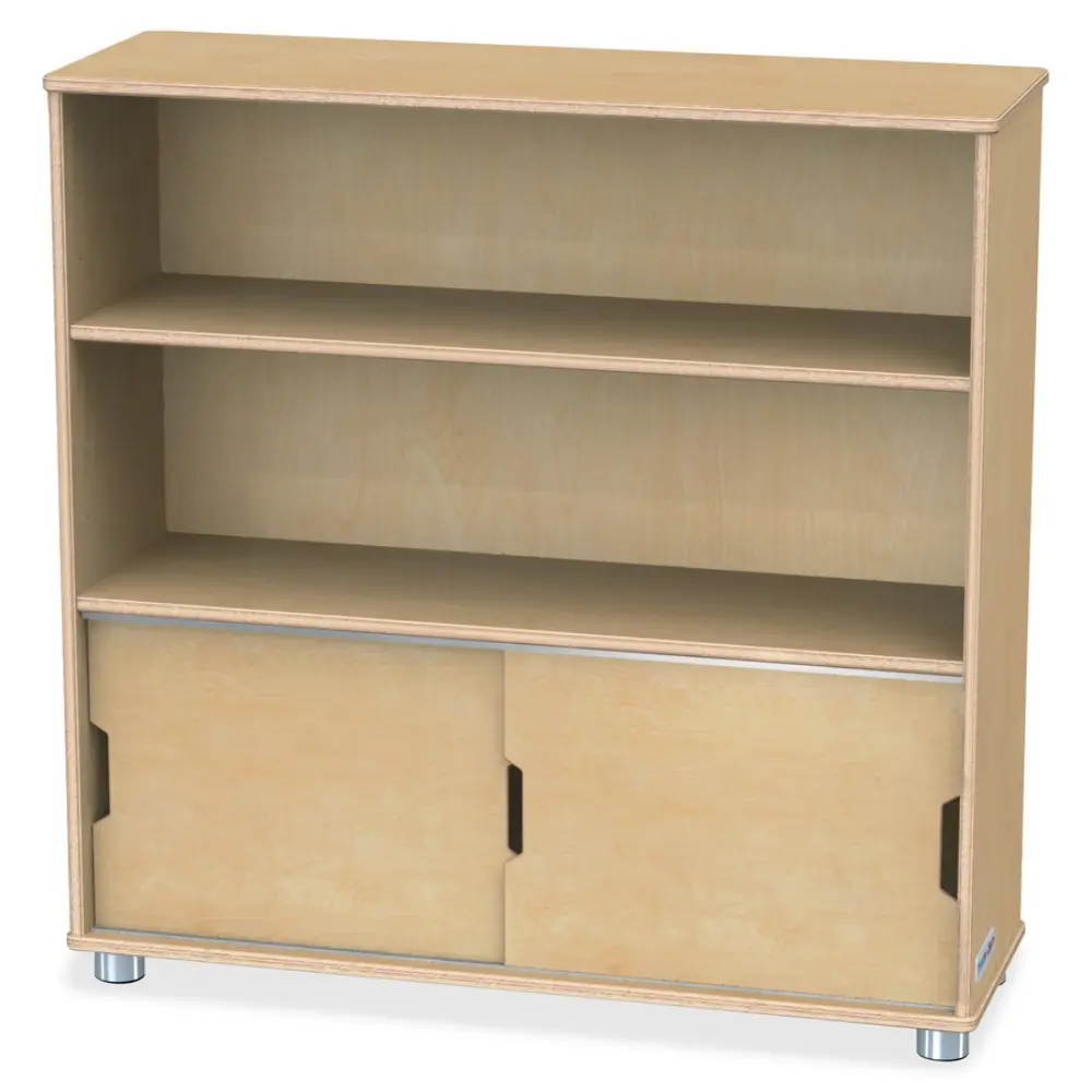 Wooden cabinet with three shelves and two sliding doors at bottom, on feet.