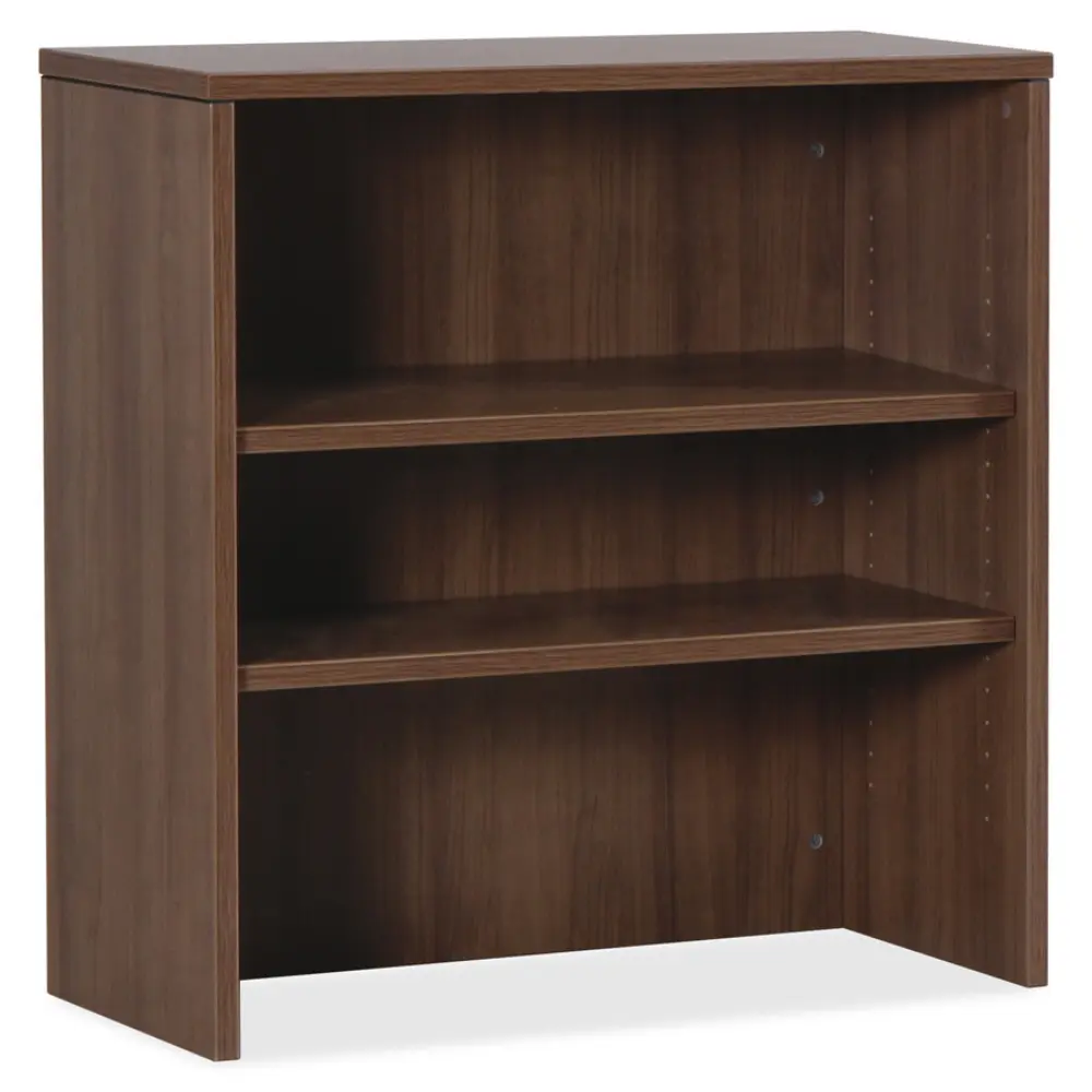 Wood veneer bookshelf with three shelves, medium brown finish
