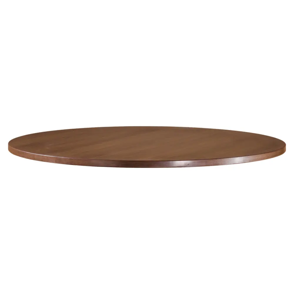 Round wooden tabletop in medium brown finish shown from side perspective