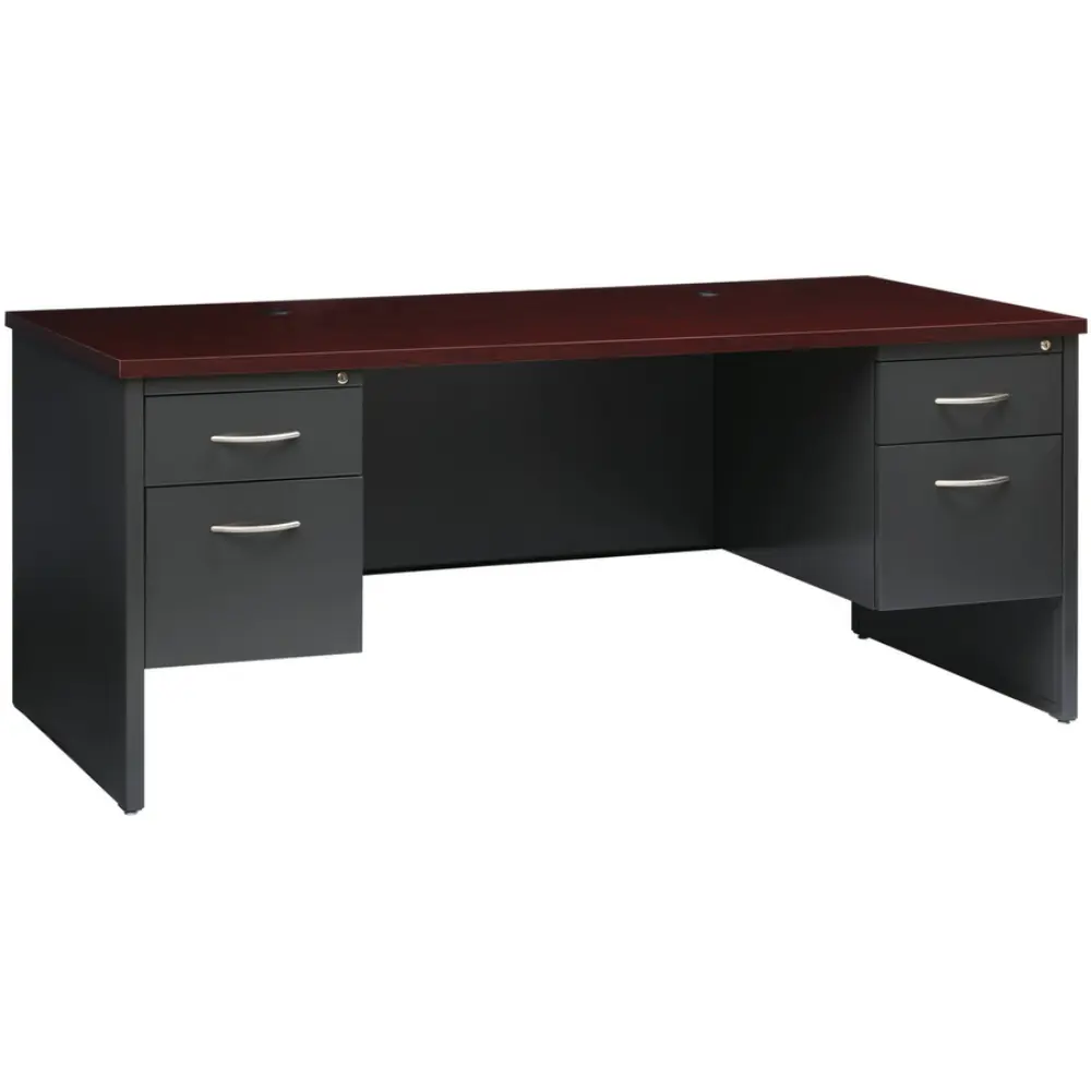Wide shot of two-file-drawer desk with burgundy top and dark base