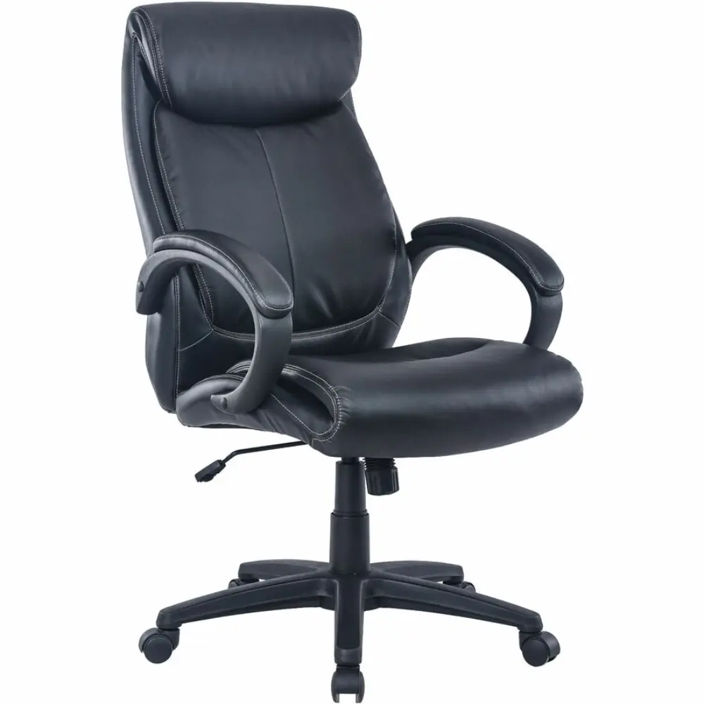Close-up of black leather task chair with curved armrests and five-star base