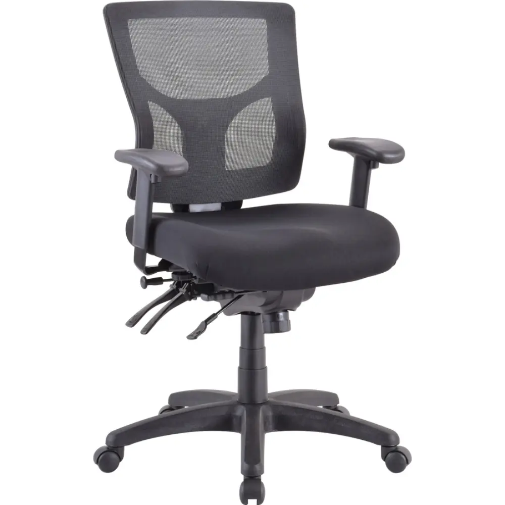 Front-right angled view of a black ergonomic office chair with mesh back and five-star base
