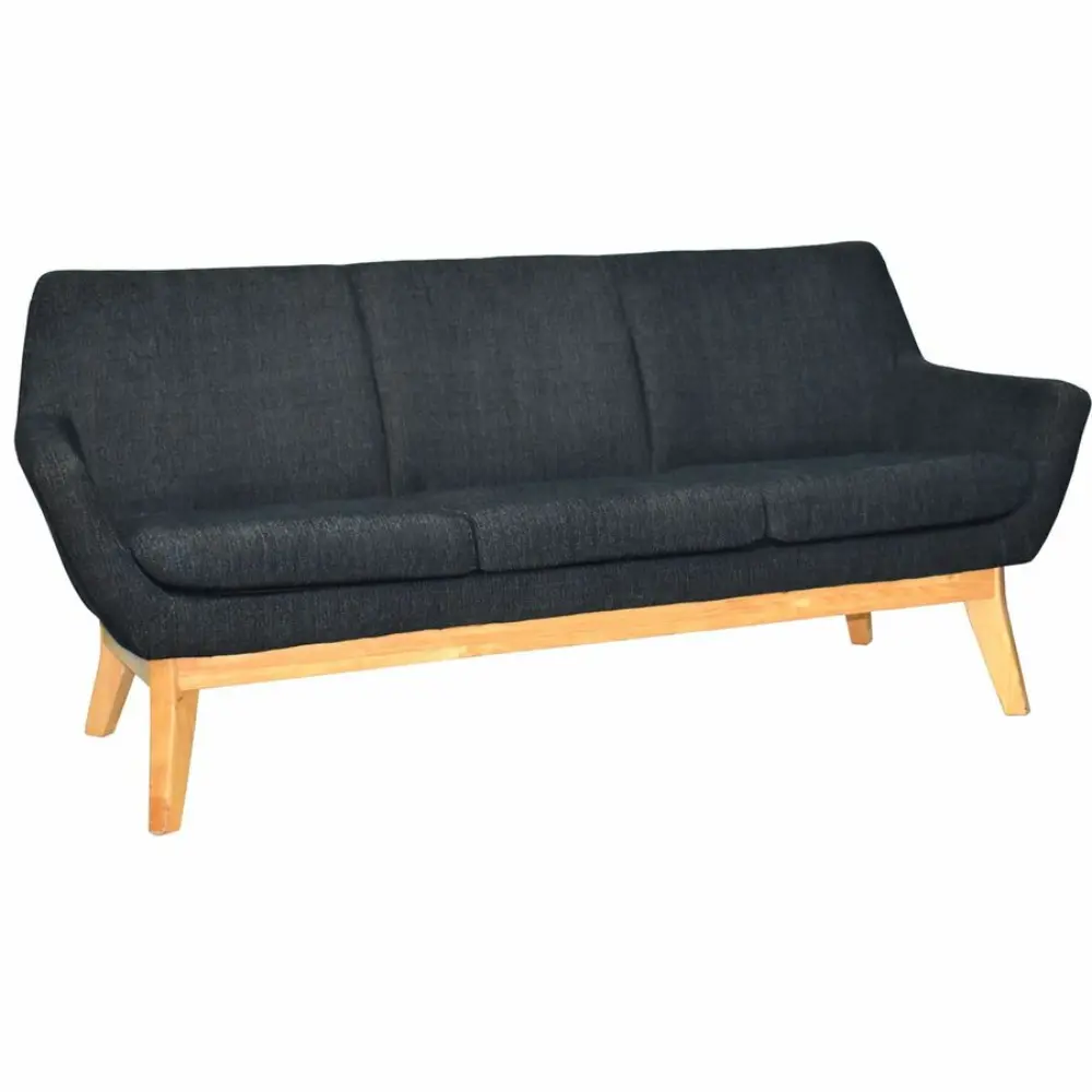 Three-seater dark fabric sofa with wooden legs, slight three-seat cushions