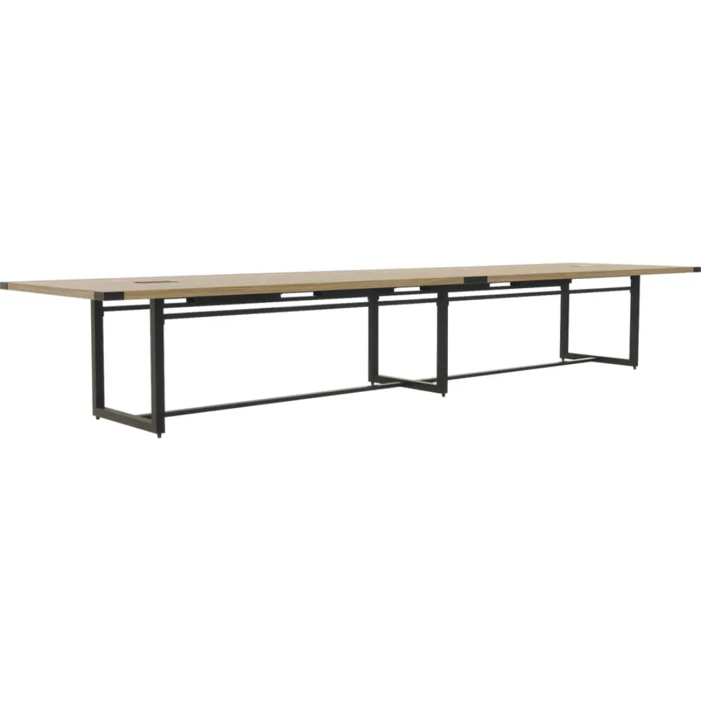 Wide long desk/table with wooden top and black metal base, front view