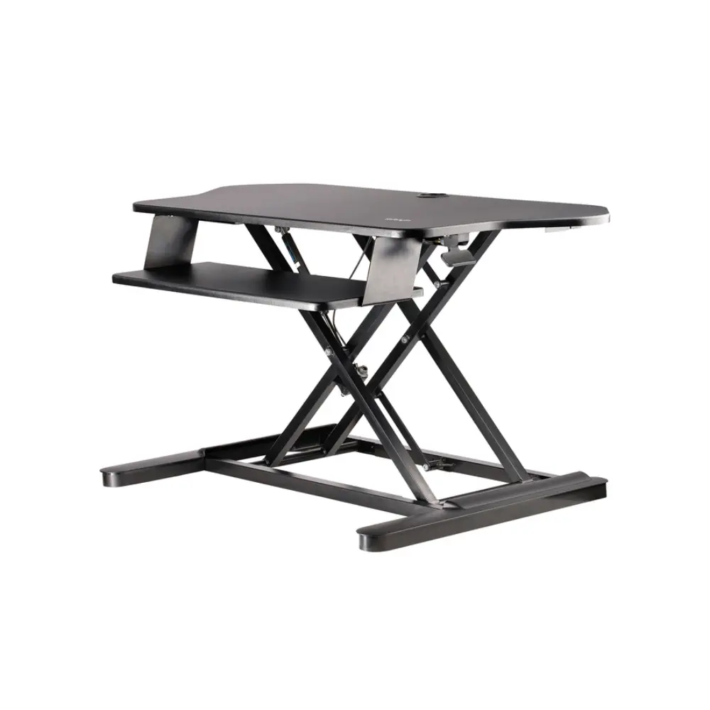 Standalone desk converter with X-frame base and keyboard shelf