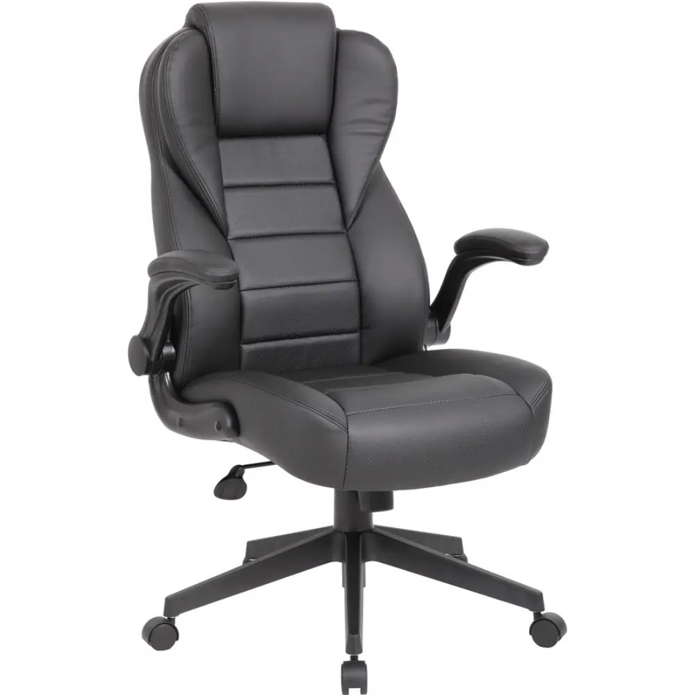 Close-up of black leather chair seat and armrest