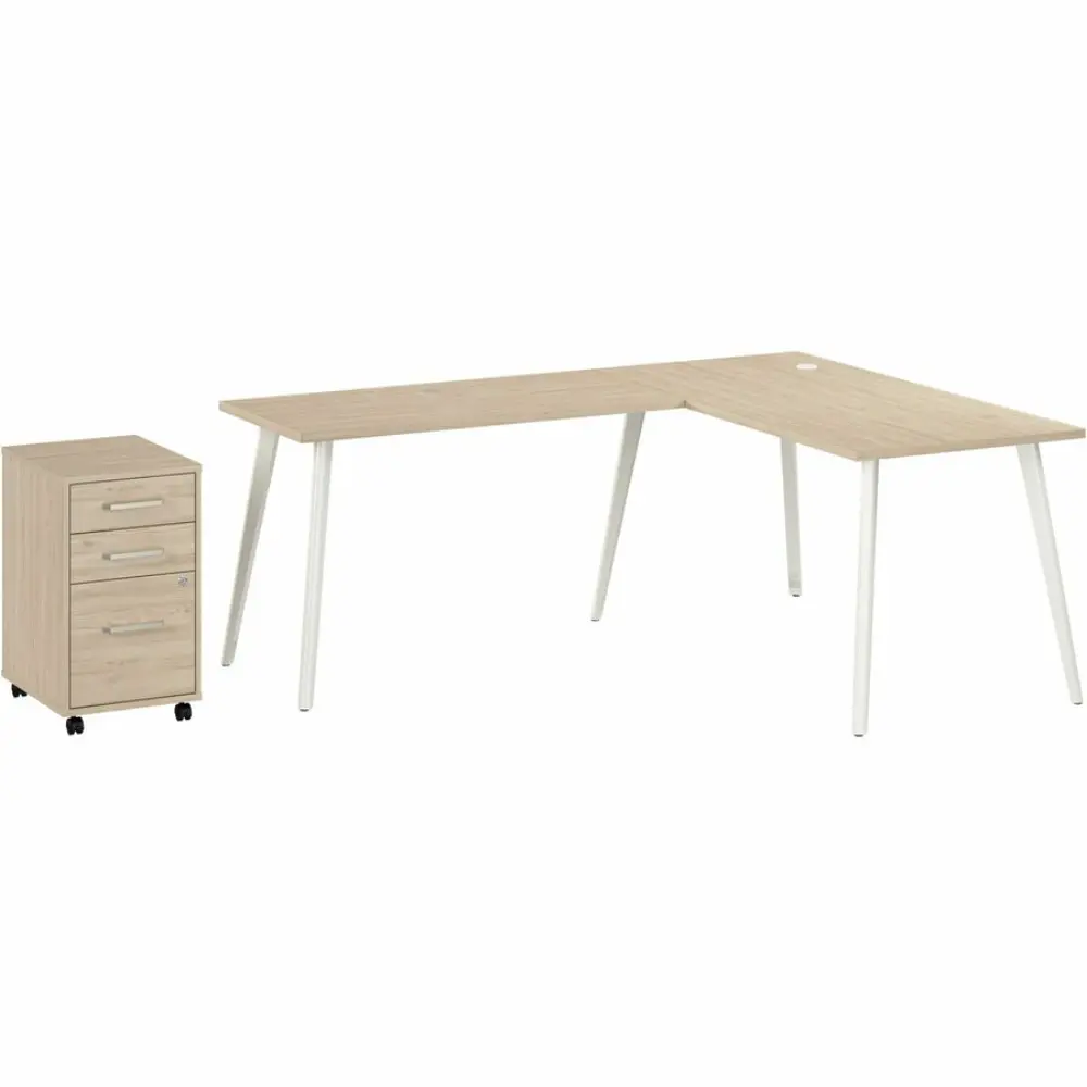 Product image showing the L-shaped desk and filing cabinet separated in a simple composition.