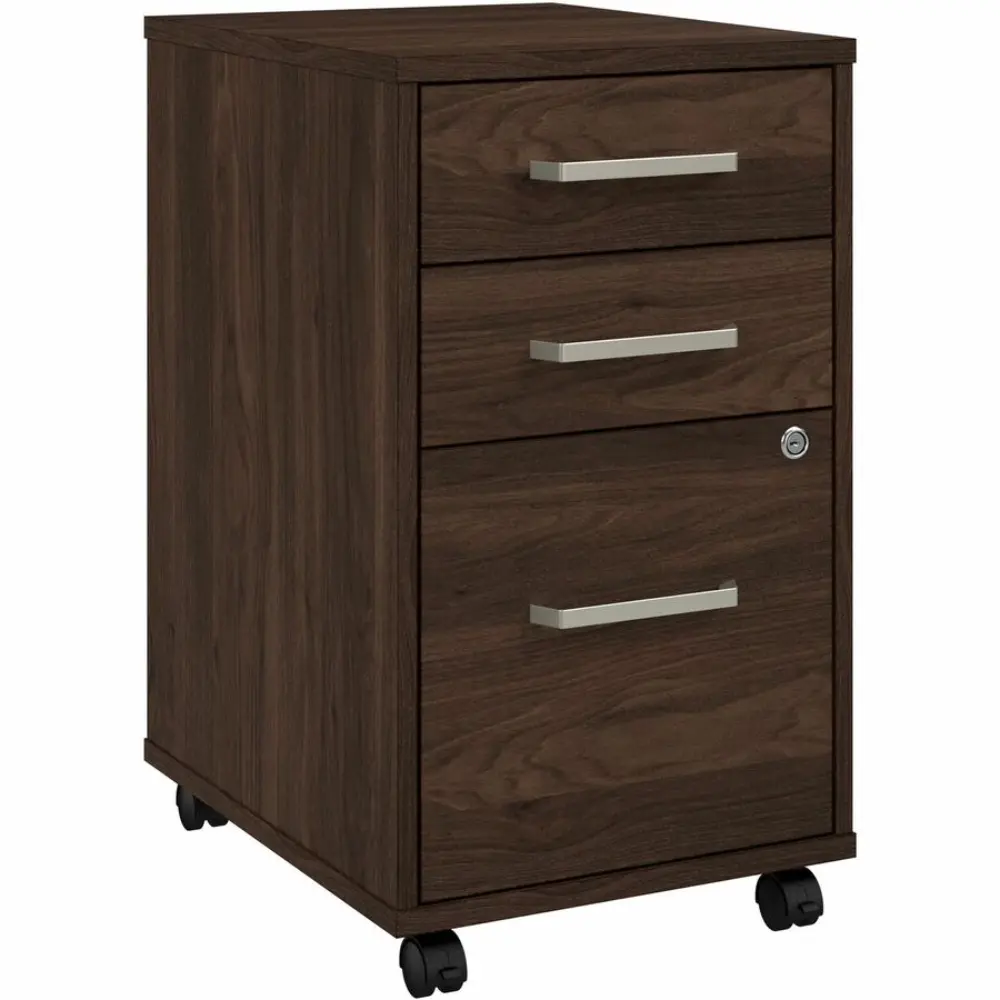 Perspective close-up of a tall 4-drawer filing cabinet with lock and casters