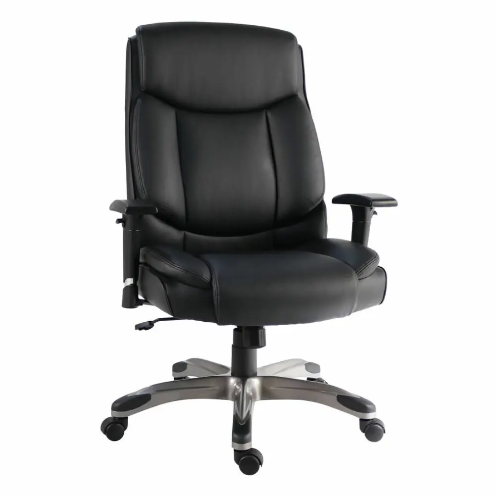 Front view of black leather executive chair with wheels