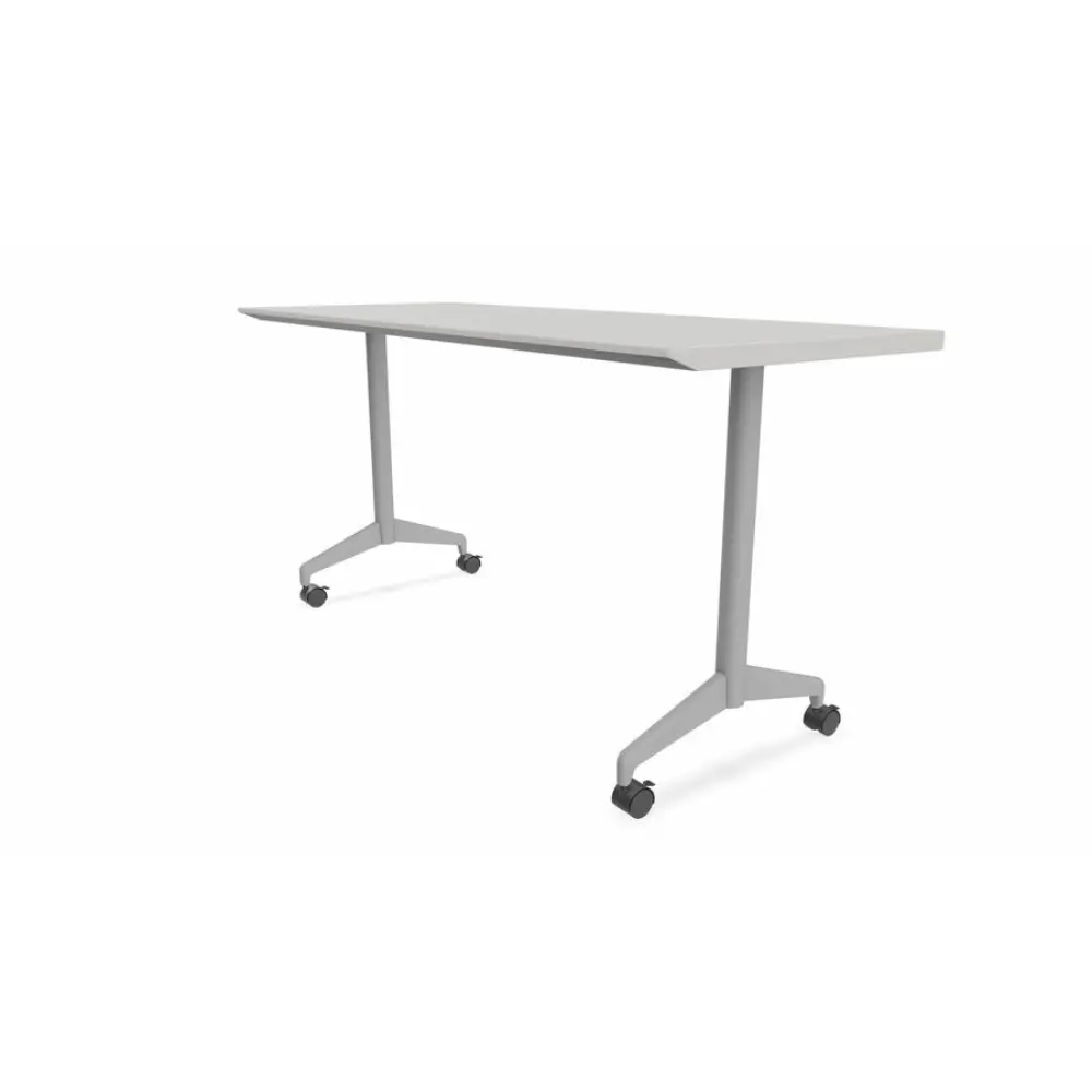 Wide-angle image of a long rectangular table with caster wheels.