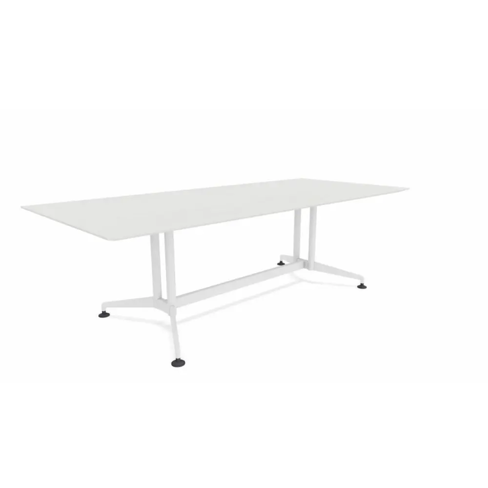 Long white table with slim legs and casters on a white background, angled to show length.
