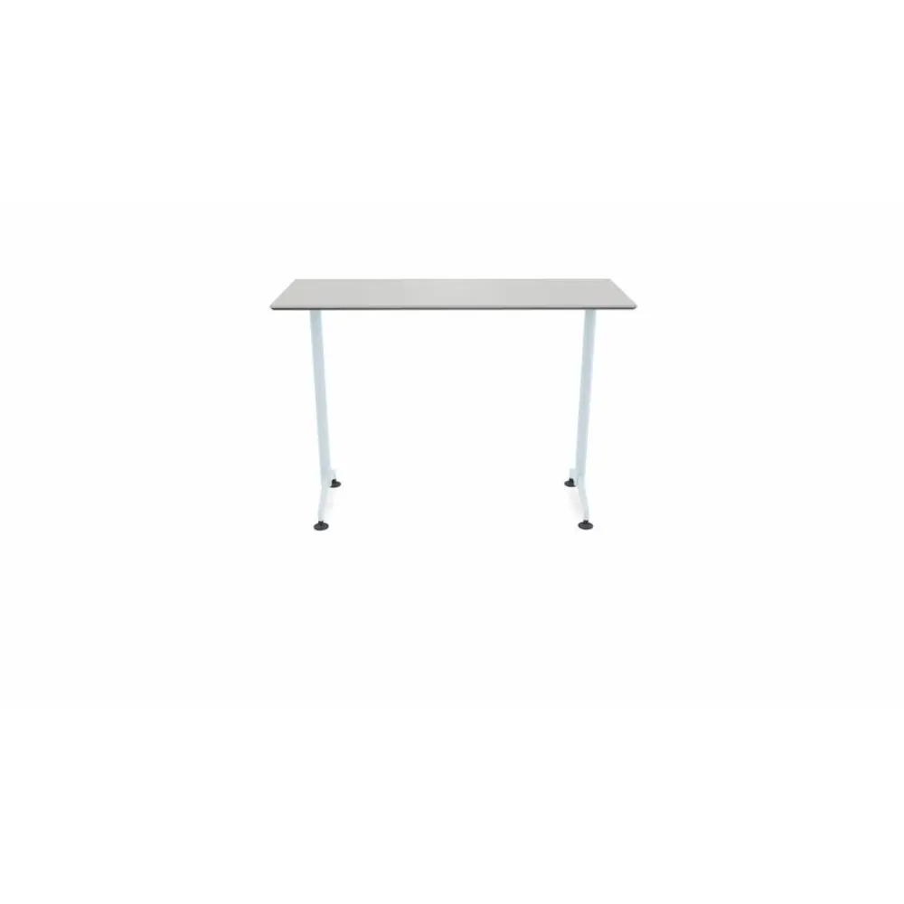 A rectangular desk with two pedestal legs, light gray tabletop, and black adjustable feet.