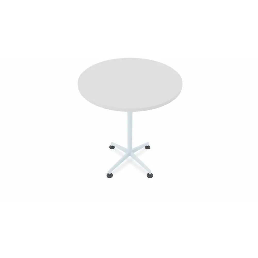 Round table with light gray base and five-spoke wheeled base