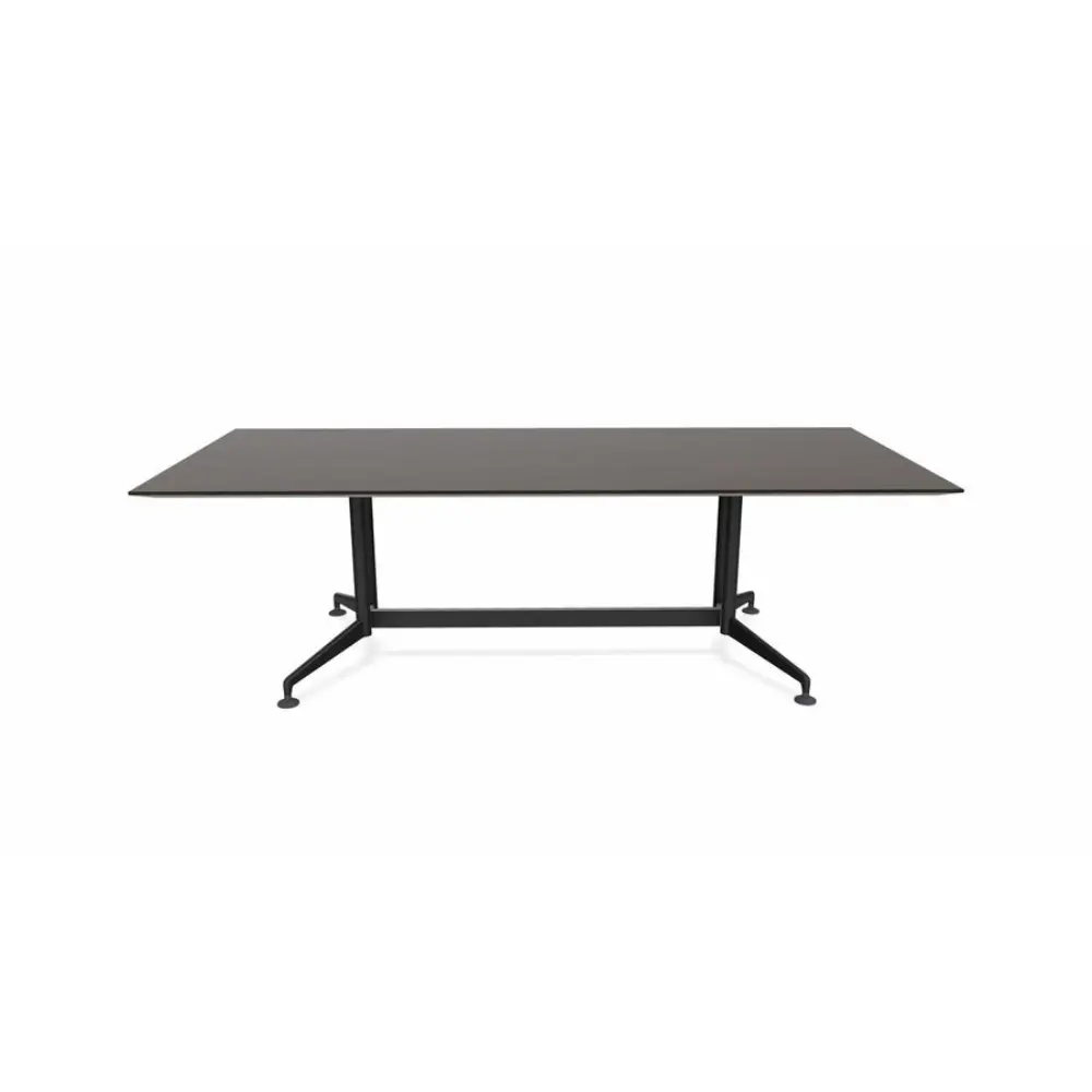 dark wood tabletop on a silver metal frame with wheels/feet on both ends.