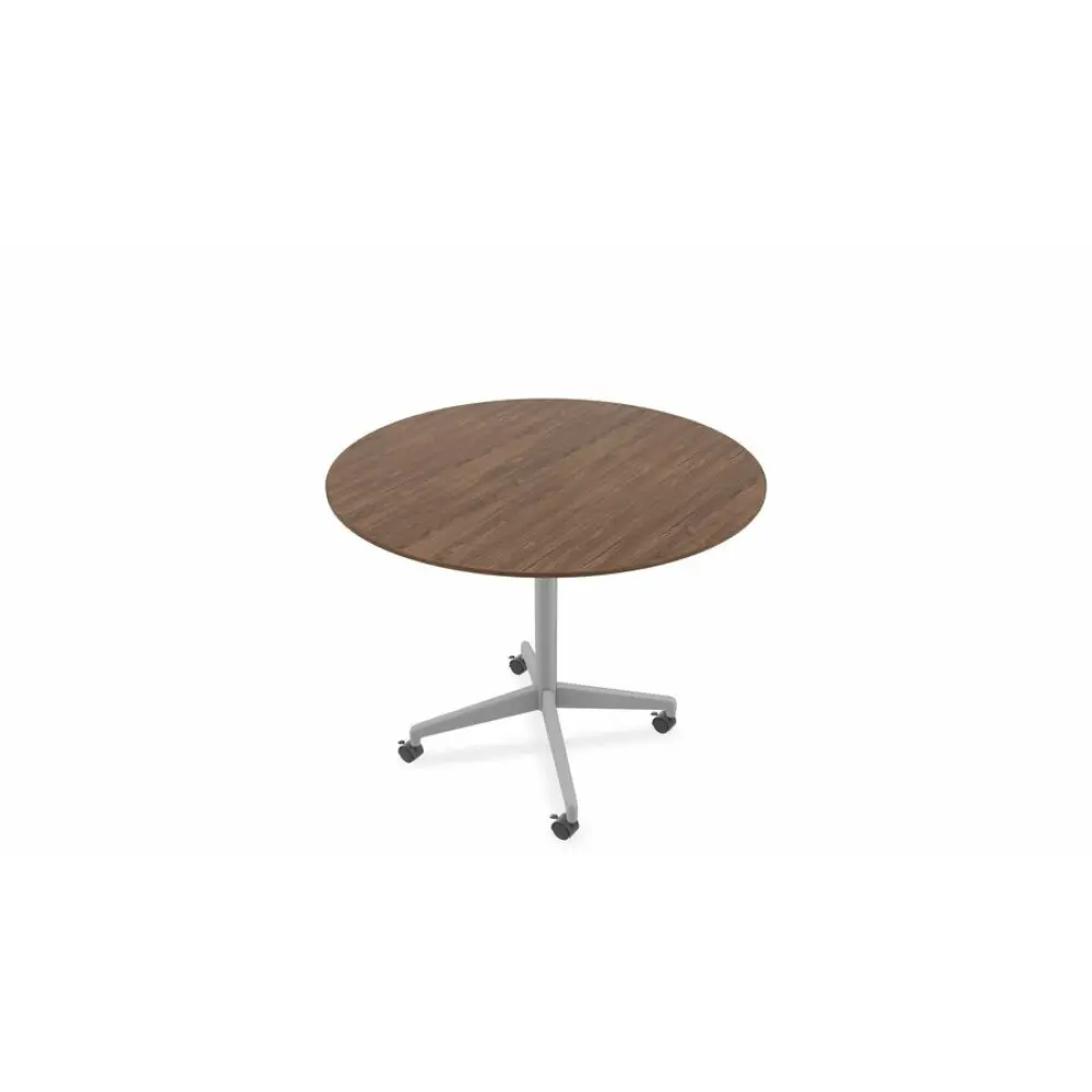 Round wood table with white pedestal base and wheels
