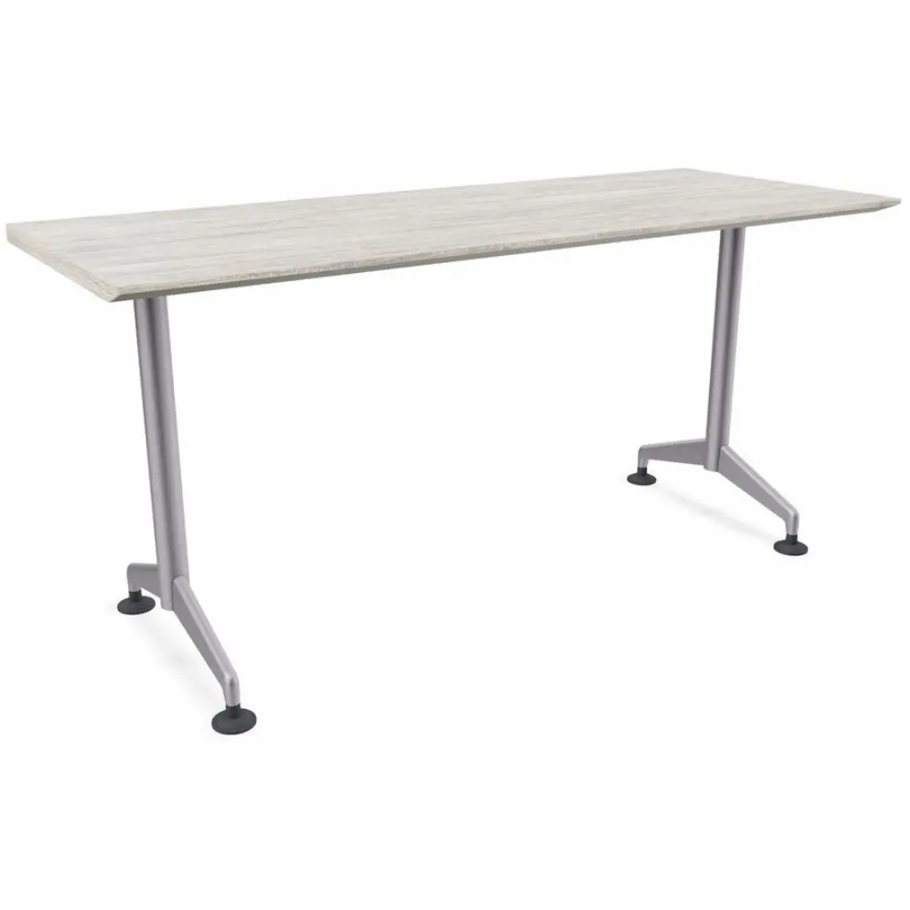 Dark wood desk surface with metal legs and wheels