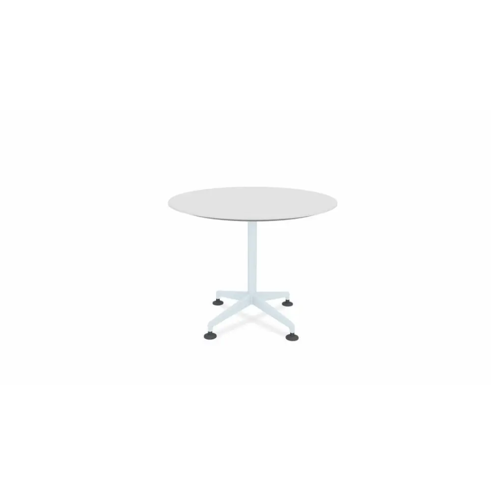 Round white table with pedestal-supported top and five-star base with casters