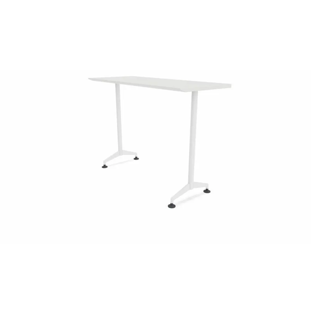 White rectangular table with metal legs and screw-in feet, seen in perspective.