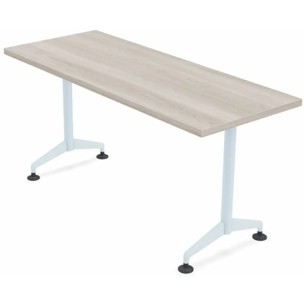 Dark wood desk tabletop on metal wheeled legs