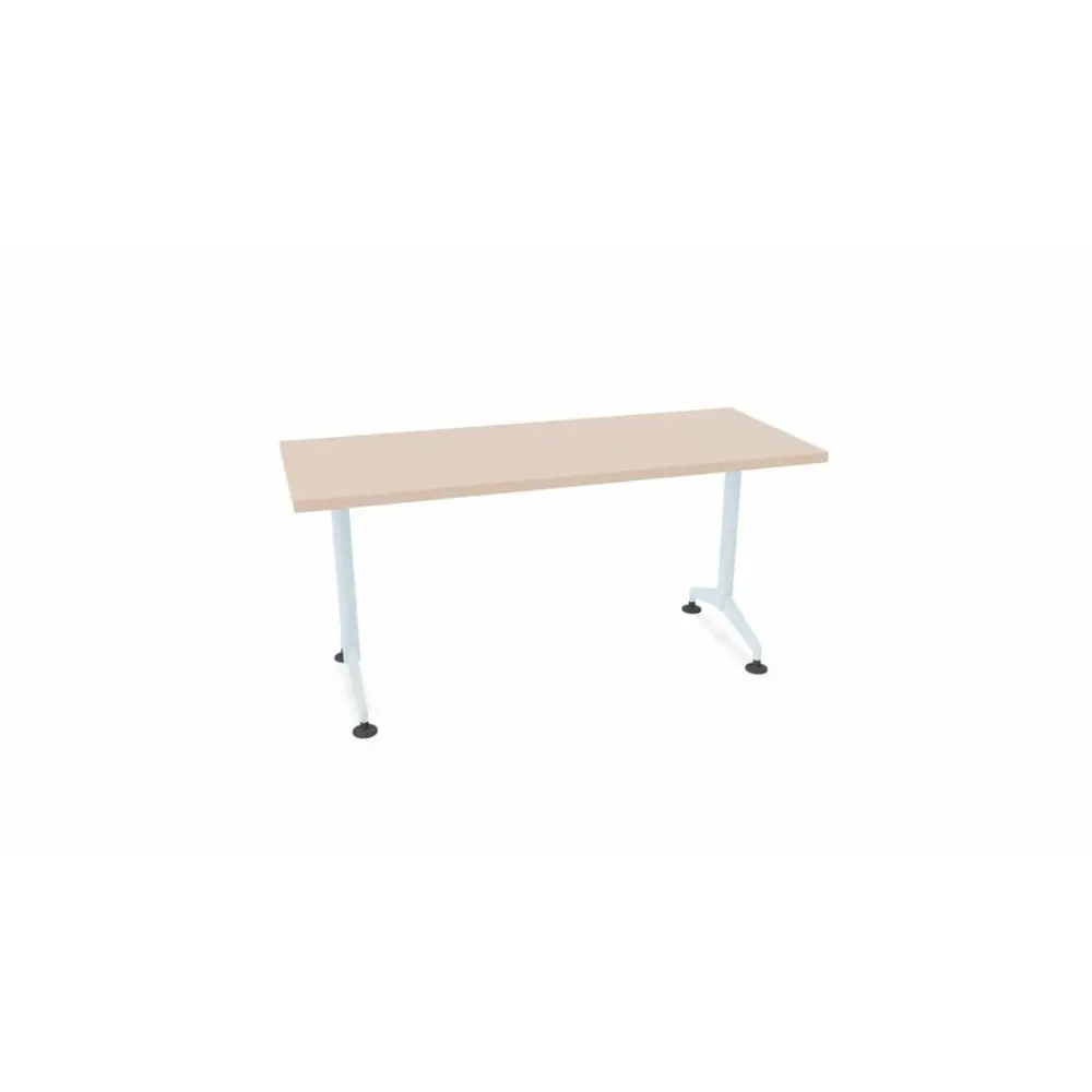 A wood finish rectangular desk with metal base and caster wheels.