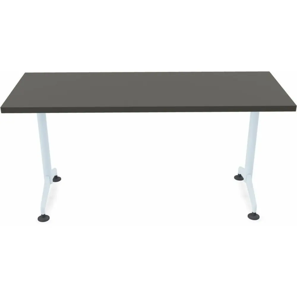A light gray rectangular desk with metal legs and small round feet, shown in isometric perspective.