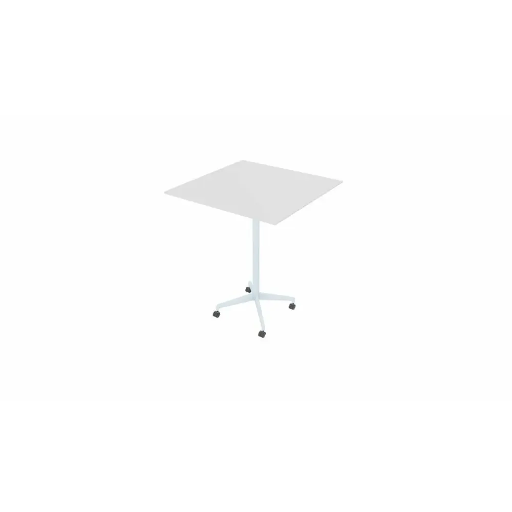 White square tabletop on a gray metal stand with wheels