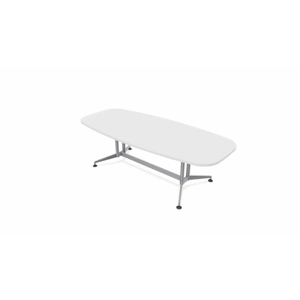 White conference table with oval top and metal legs, angled perspective