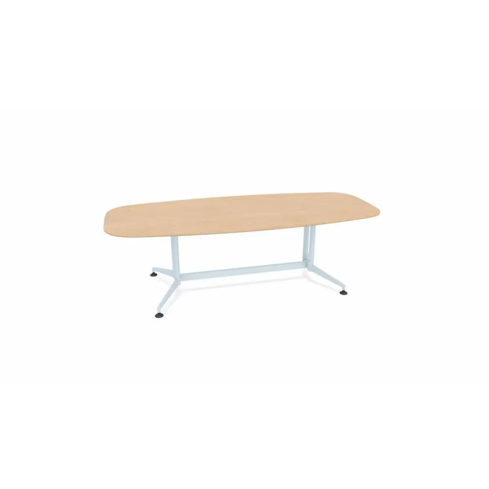 Long rectangular conference table with light wood top and metal legs, shown at an angle