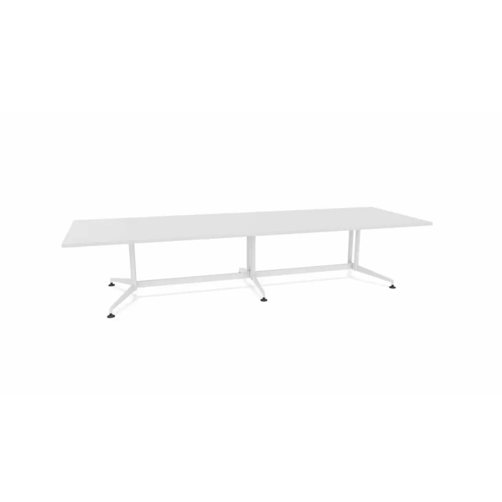 Office conference table with white top and chrome metal legs, three supports.