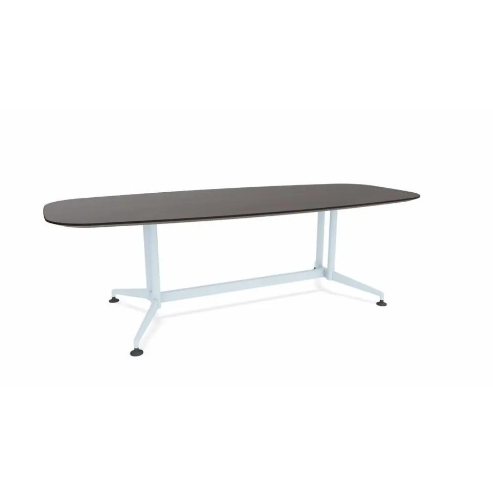 Dark wood elongated oval table with gray metal legs and connected base
