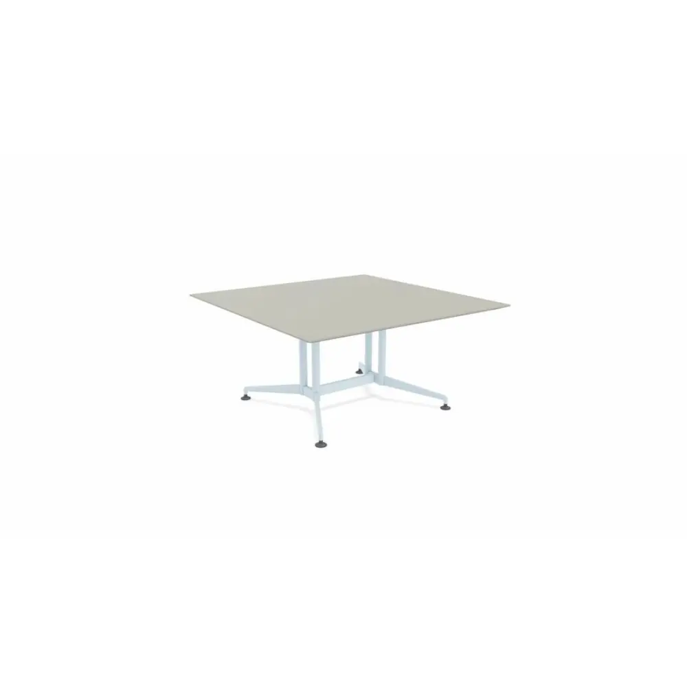 Top-down view of a square gray tabletop with a pedestal-like base and four feet.