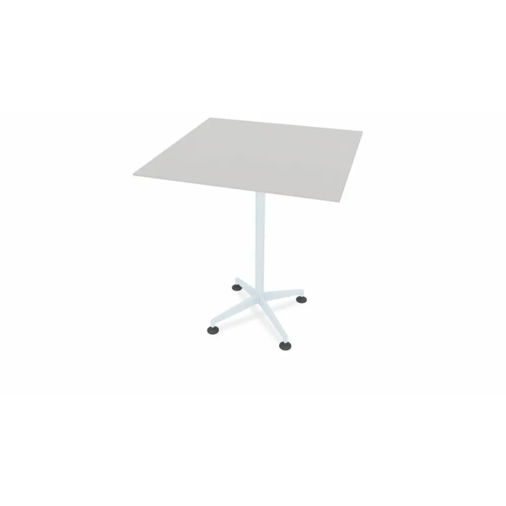 A small square wood-grain tabletop on a light gray pedestal with a five-star base and wheels.