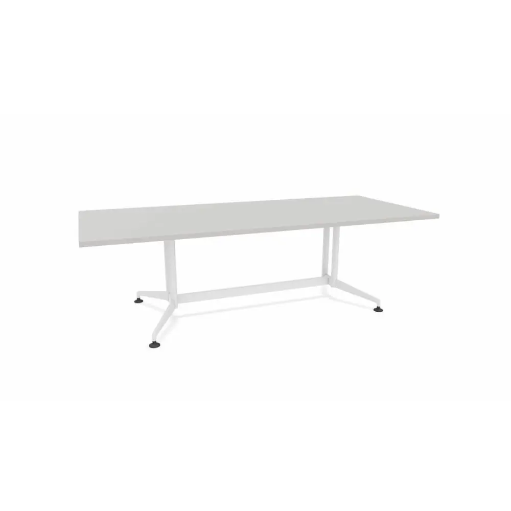 A white oval conference table with metal legs and adjustable feet