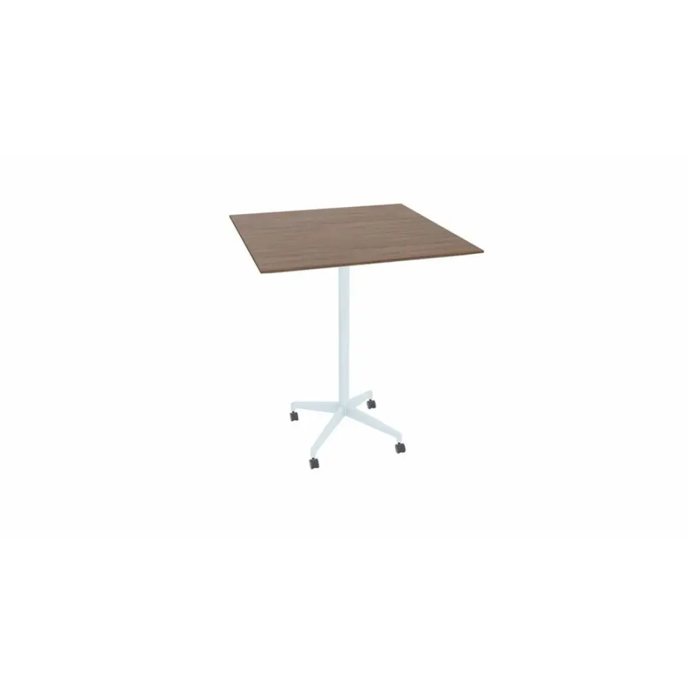 Square wood tabletop with a white metal pedestal base on wheels