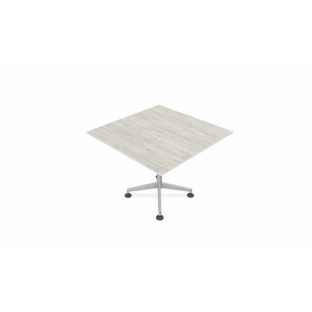 White square tabletop with metal pedestal base and four feet on rubber caps