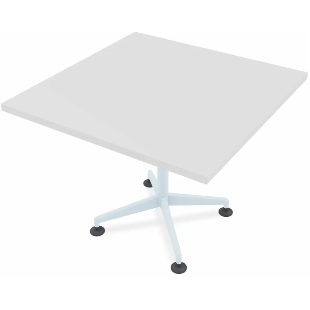 White square tabletop with a metal pedestal base and five-star caster base