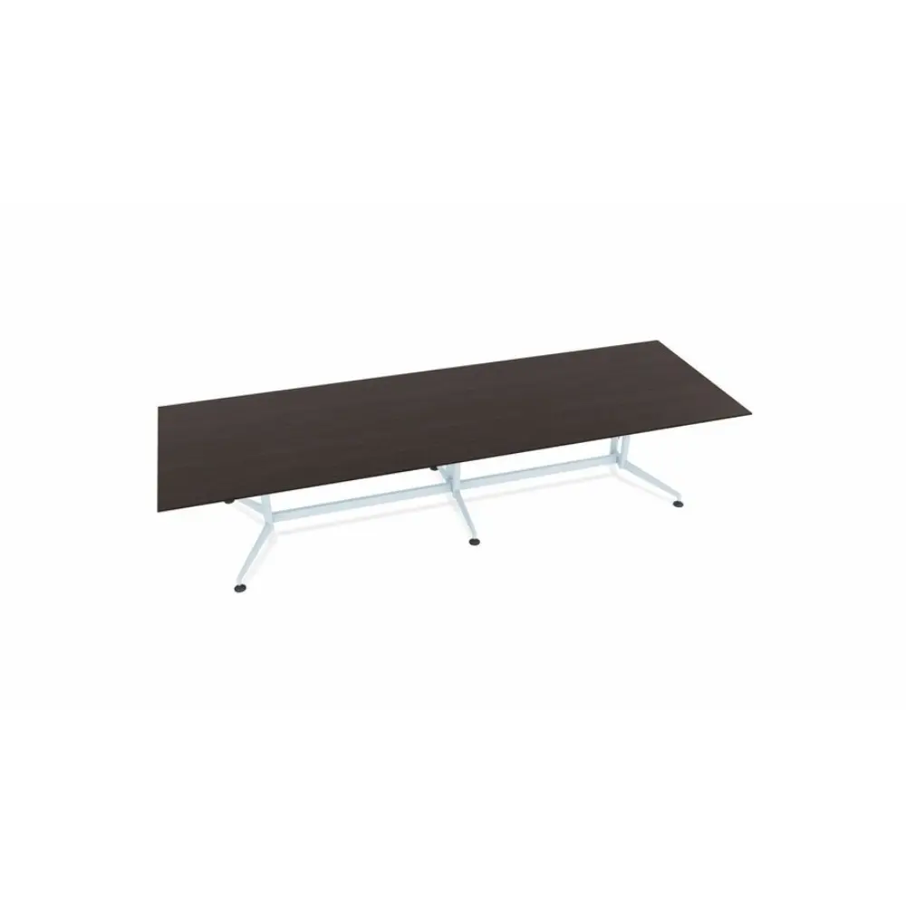 Long conference table with dark wood top and metal legs
