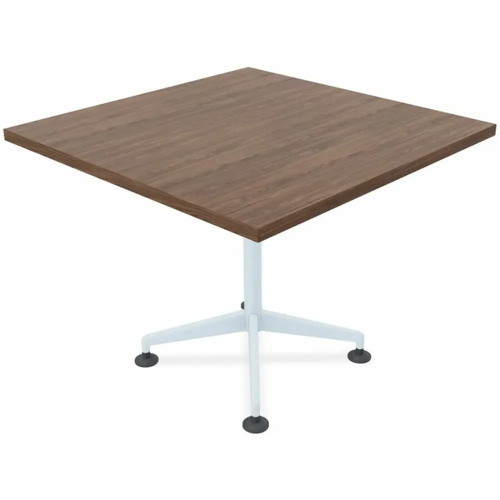 Wooden tabletop with metal pedestal base and wheels