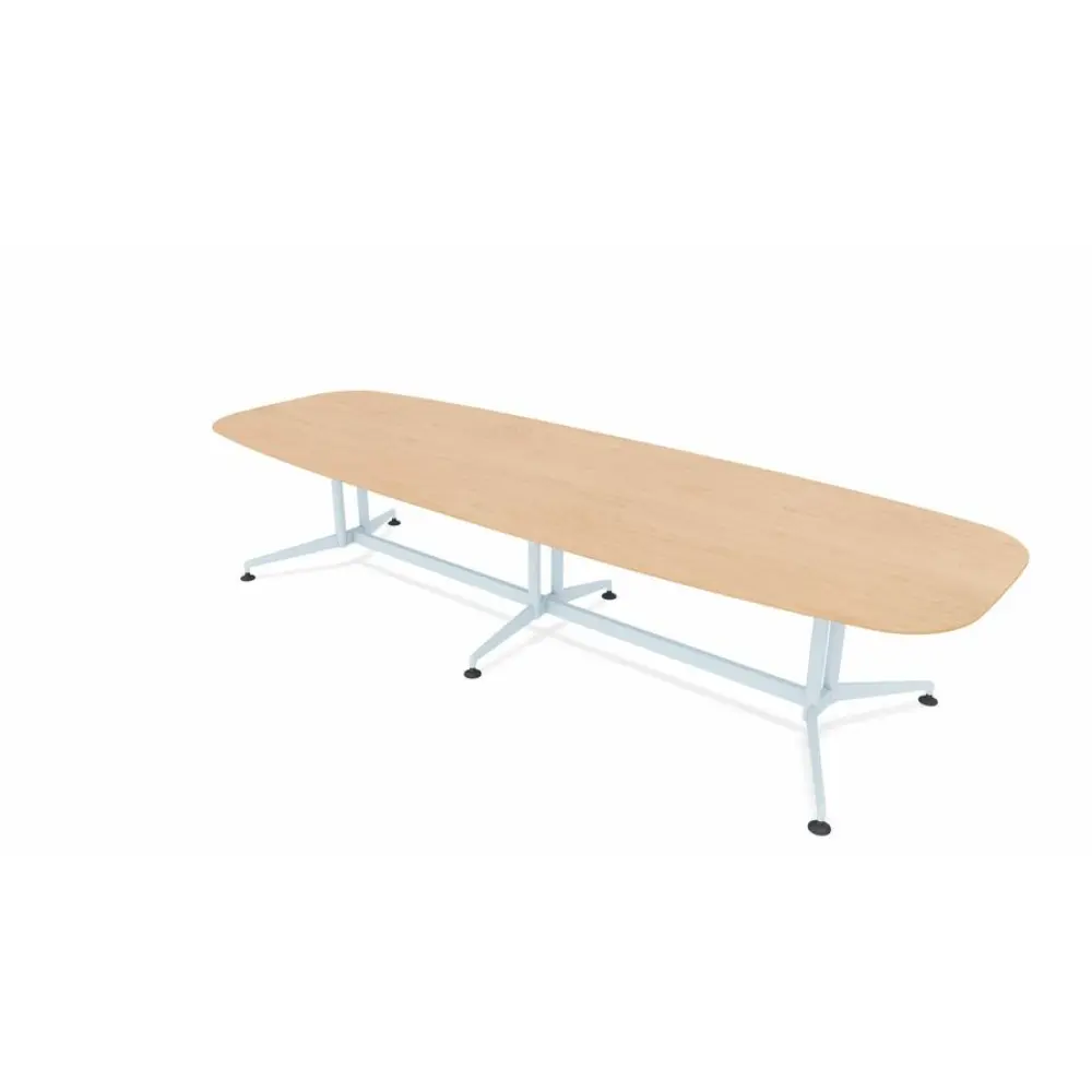 Long wooden conference/table with metal frame and cross-legged base