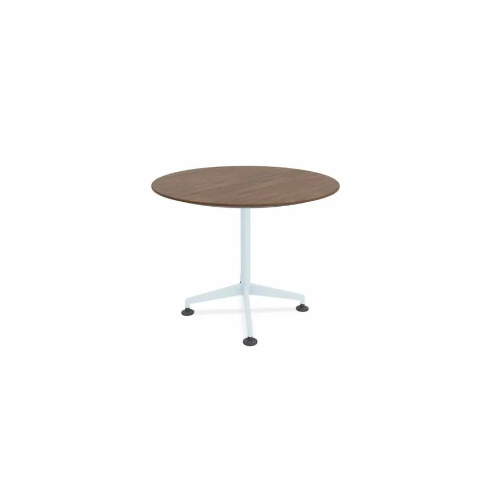 Round wooden tabletop with wood grain finish on a five-spoke metal base with wheels