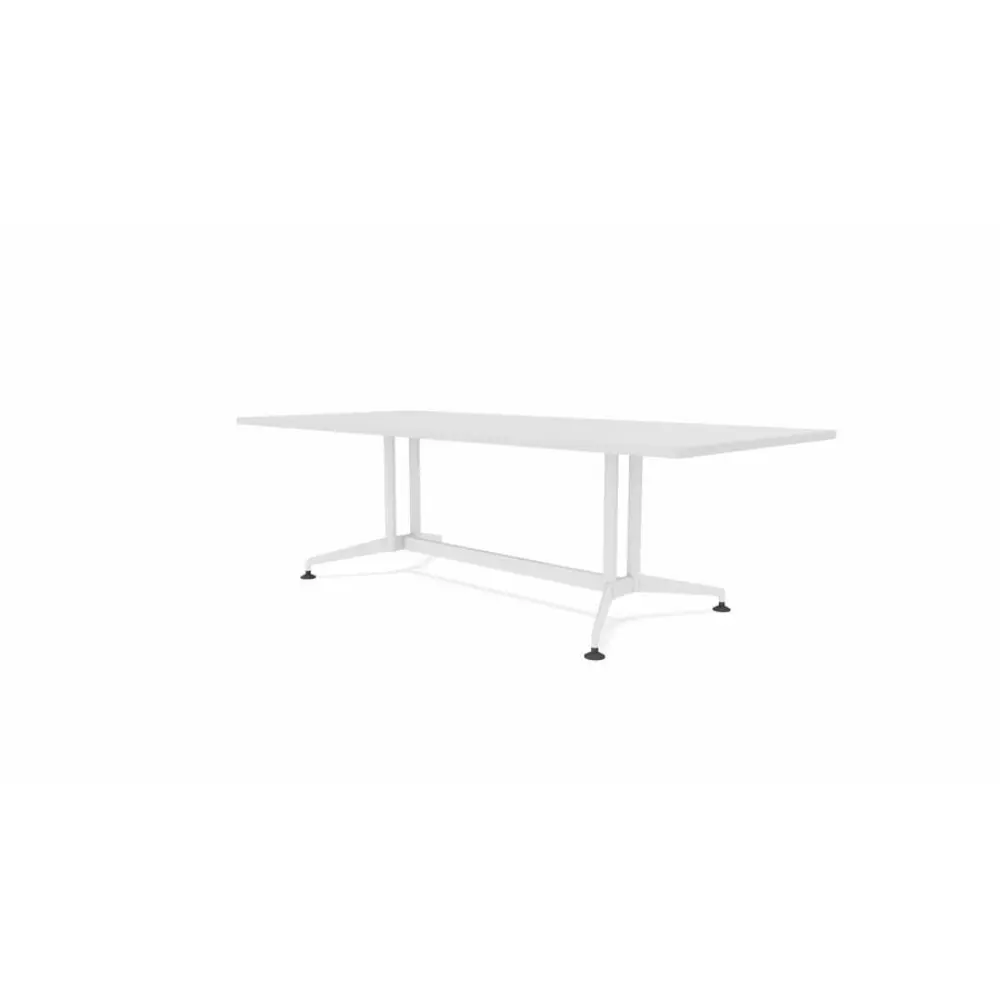 A white rectangular table with metal legs and crossbar, viewed from a side angle.