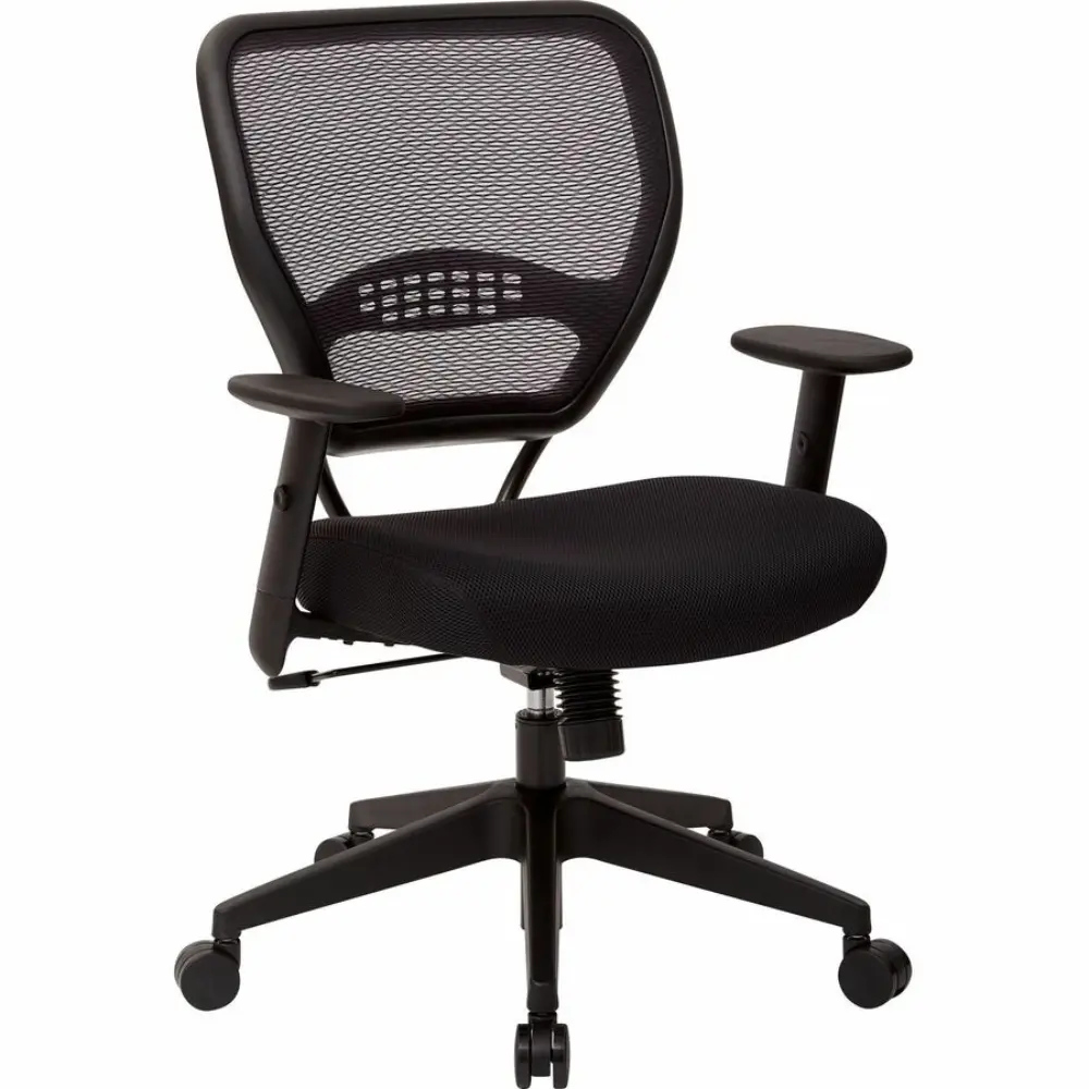 Front view of black mesh executive office chair with padded seat and plastic armrests on five-wheel base