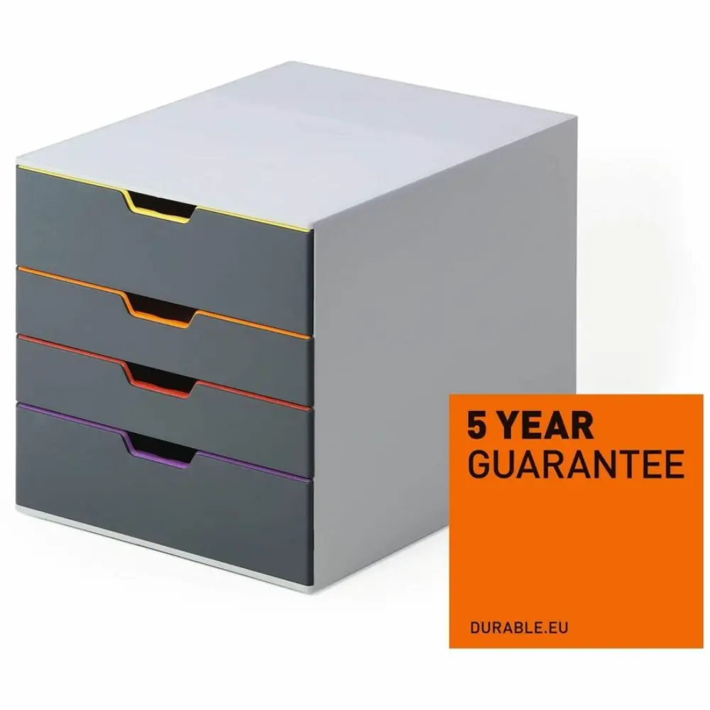 Close-up of a grey filing cabinet with neon yellow interior handle