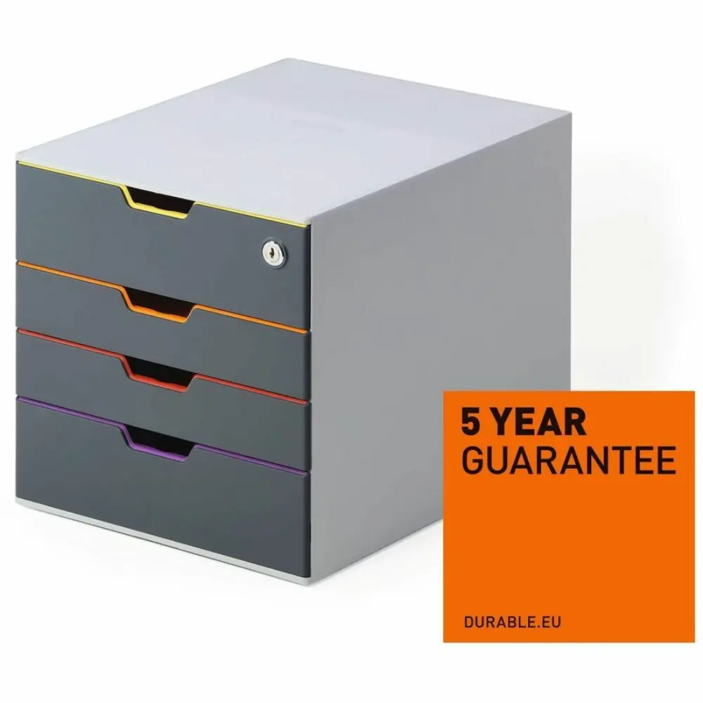 Row of identical grey drawer units with colored handles arranged in a line